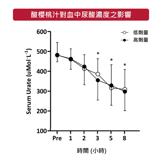 酸櫻桃汁能夠在 2 小時內提升血中尿酸的濃度