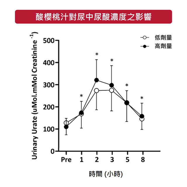 酸櫻桃汁能夠在 2 小時內提升尿中尿酸的濃度